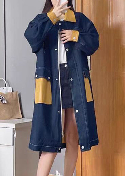 Bohemian Denim Blue Peter Pan Collar Patchwork Zippered Button Linen Long Trench Coats Fall TQ1035 - fabuloryshop