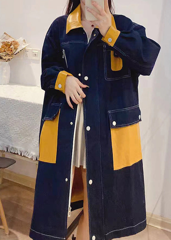 Bohemian Denim Blue Peter Pan Collar Patchwork Zippered Button Linen Long Trench Coats Fall TQ1035 - fabuloryshop