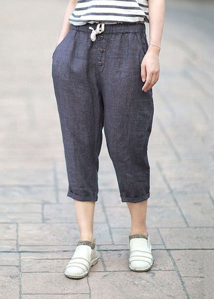 Bohemian Denim Blue Pockets Patchwork Linen Crop Pants Summer LY0629 - fabuloryshop