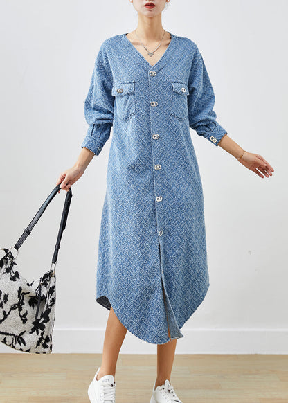 Bohemian Denim Blue V Neck Cotton Long Dress Fall Ada Fashion