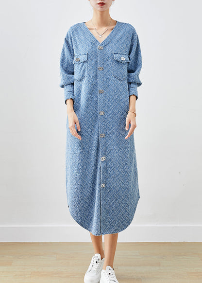 Bohemian Denim Blue V Neck Cotton Long Dress Fall Ada Fashion