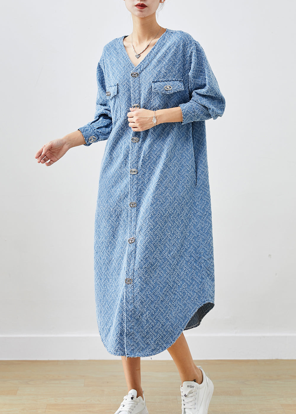 Bohemian Denim Blue V Neck Cotton Long Dress Fall Ada Fashion