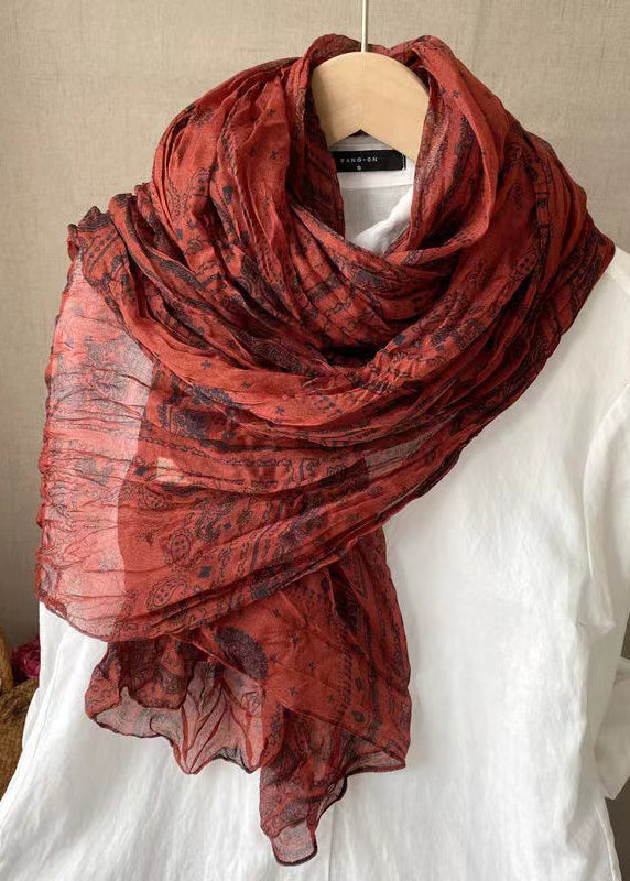 Bohemian Dull Red Print Wrinkled Linen Scarf Ada Fashion