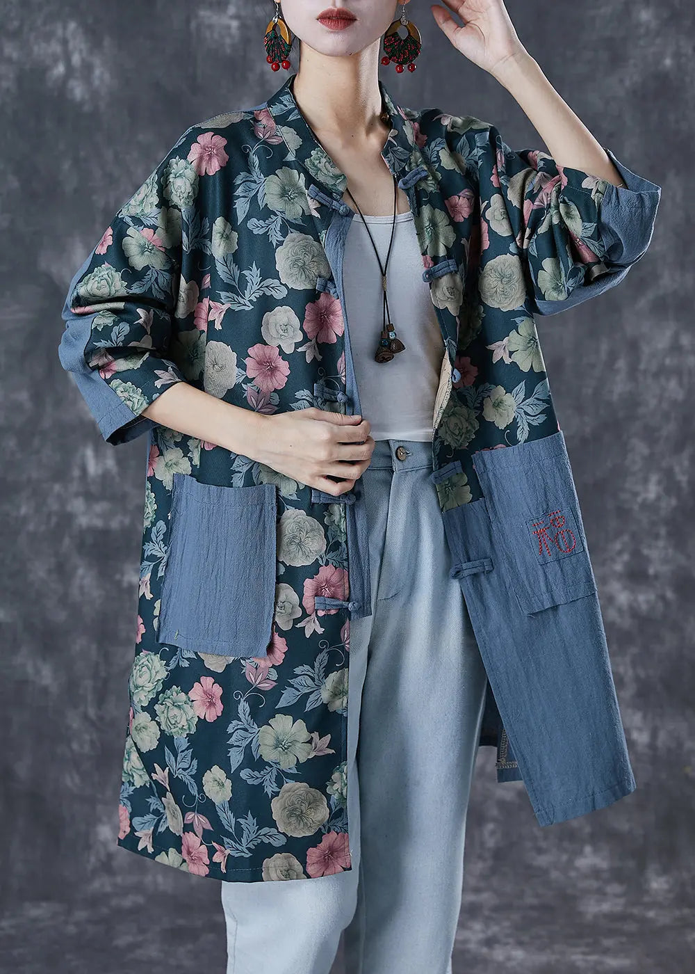 Bohemian Embroidered Patchwork Print Linen Coat Outwear Fall Ada Fashion