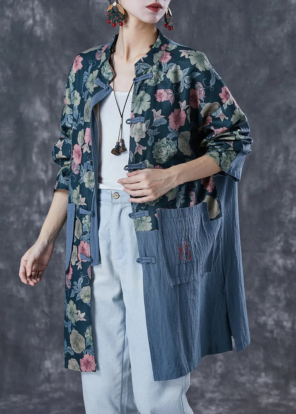 Bohemian Embroidered Patchwork Print Linen Coat Outwear Fall Ada Fashion