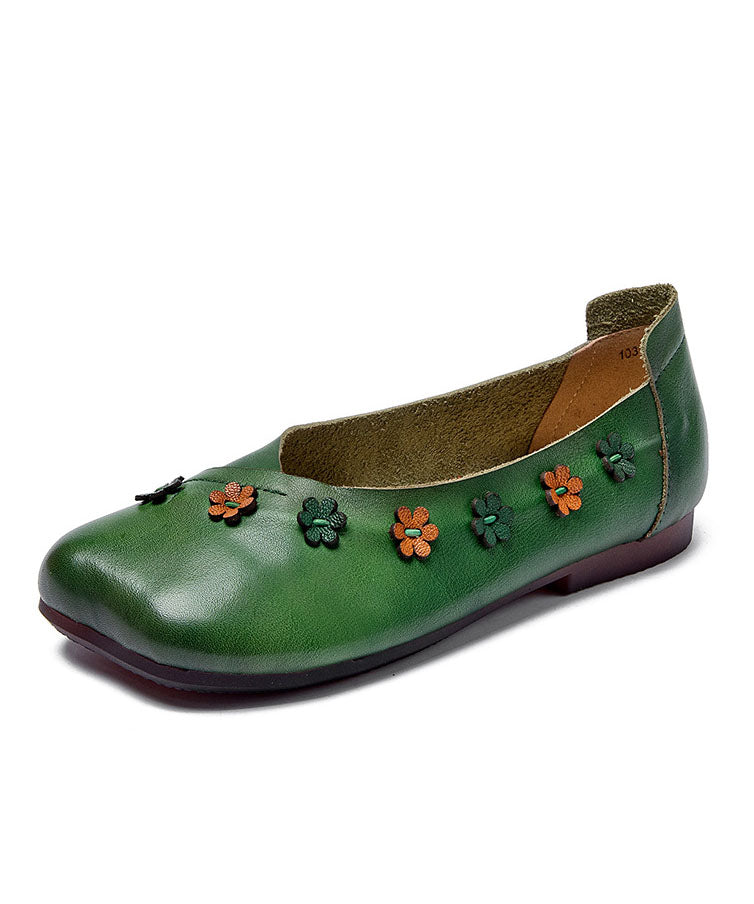 Bohemian Floral Splicing Flats Green Cowhide Leather Ada Fashion