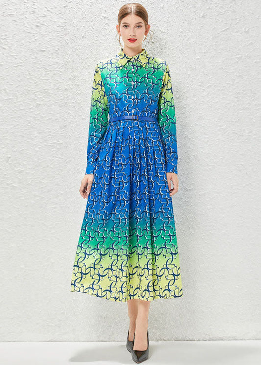 Bohemian Gradient Color Print Patchwork Sashes Chiffon Exra Large Hem Dress Fall LY7410 - fabuloryshop