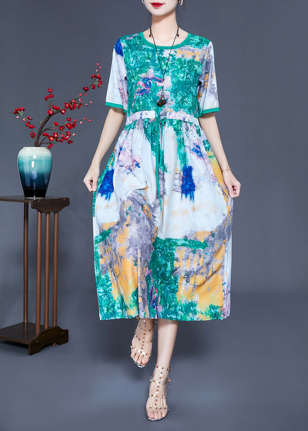 Bohemian Green Cinched Tie Dye Silk Dress Summer LY0926 - fabuloryshop