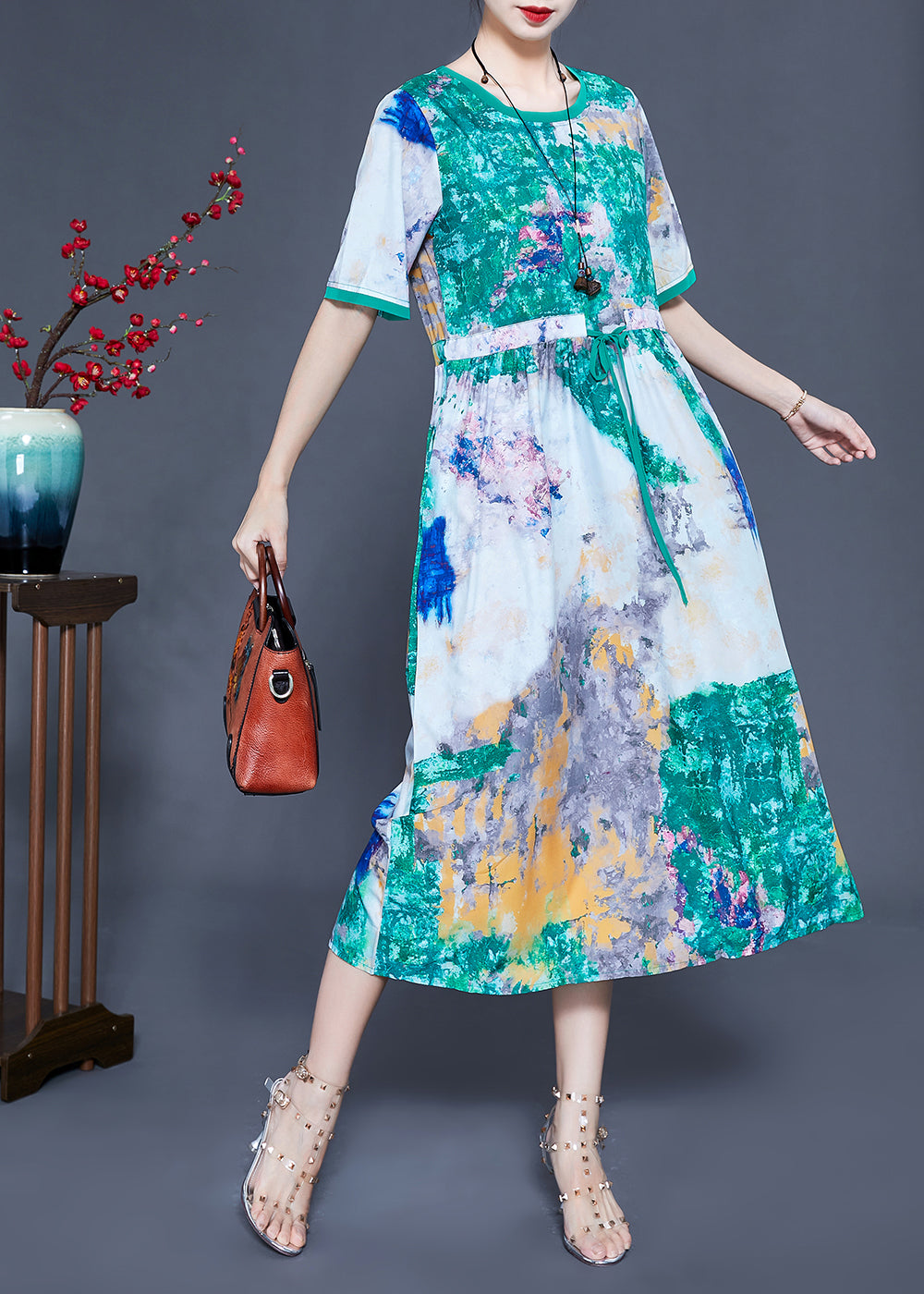 Bohemian Green Cinched Tie Dye Silk Dress Summer LY0926 - fabuloryshop