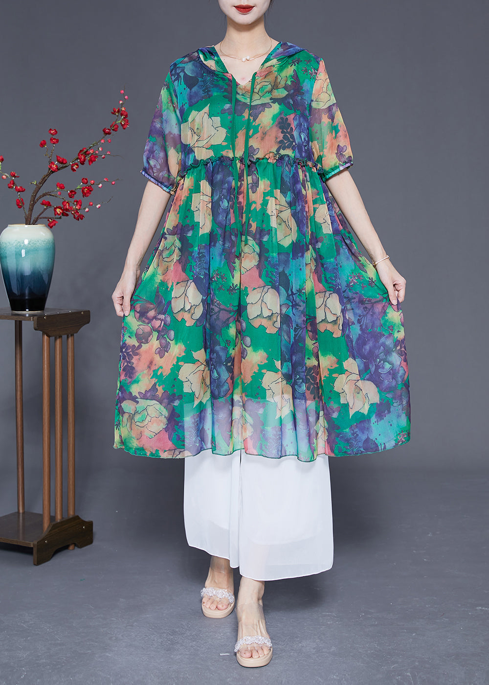 Bohemian Green Hooded Ruffled Print Chiffon Dress Summer LY1831 - fabuloryshop