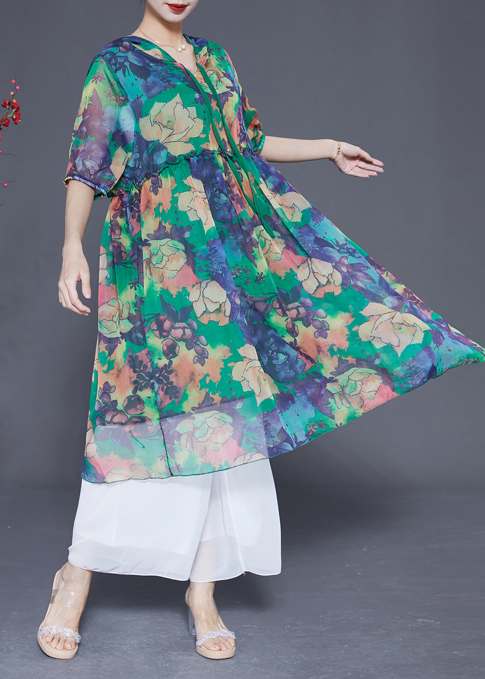 Bohemian Green Hooded Ruffled Print Chiffon Dress Summer LY1831 - fabuloryshop