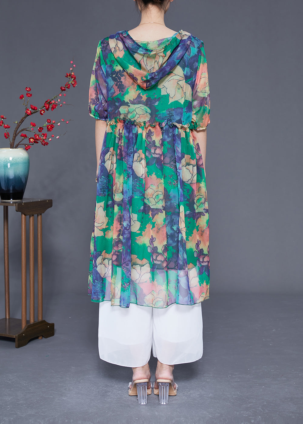 Bohemian Green Hooded Ruffled Print Chiffon Dress Summer LY1831 - fabuloryshop