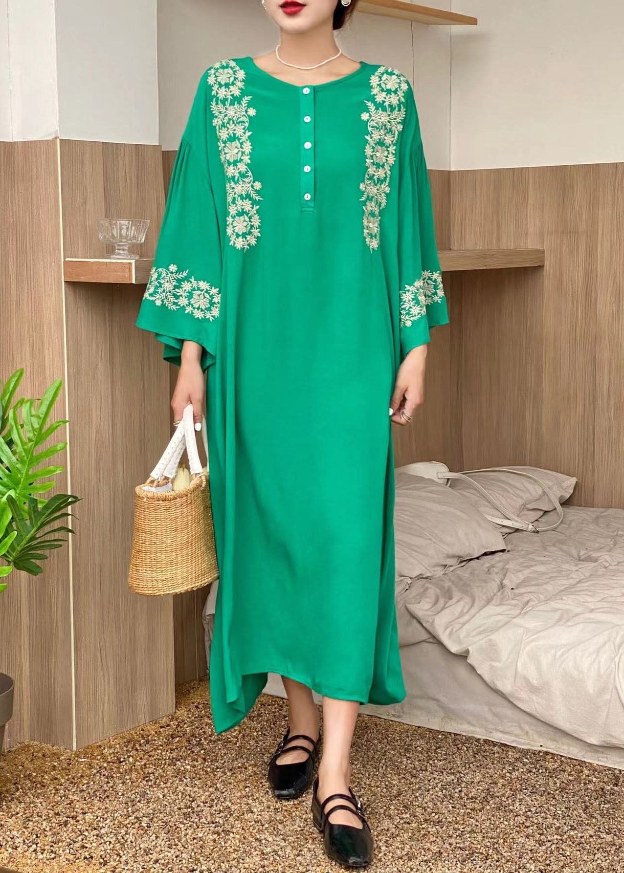 Bohemian Green O-Neck Embroideried Cotton Dress Flare Sleeve LY1349 - fabuloryshop