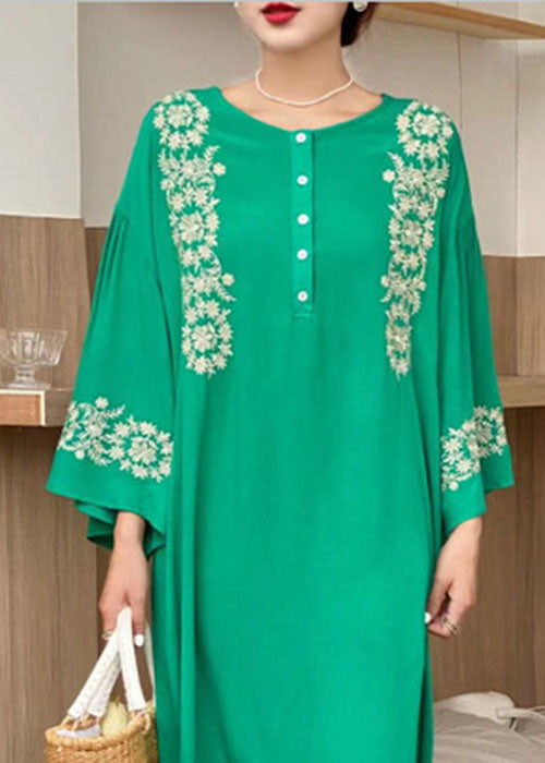 Bohemian Green O-Neck Embroideried Cotton Dress Flare Sleeve LY1349 - fabuloryshop