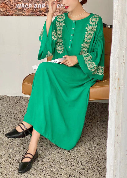 Bohemian Green O-Neck Embroideried Cotton Dress Flare Sleeve LY1349 - fabuloryshop