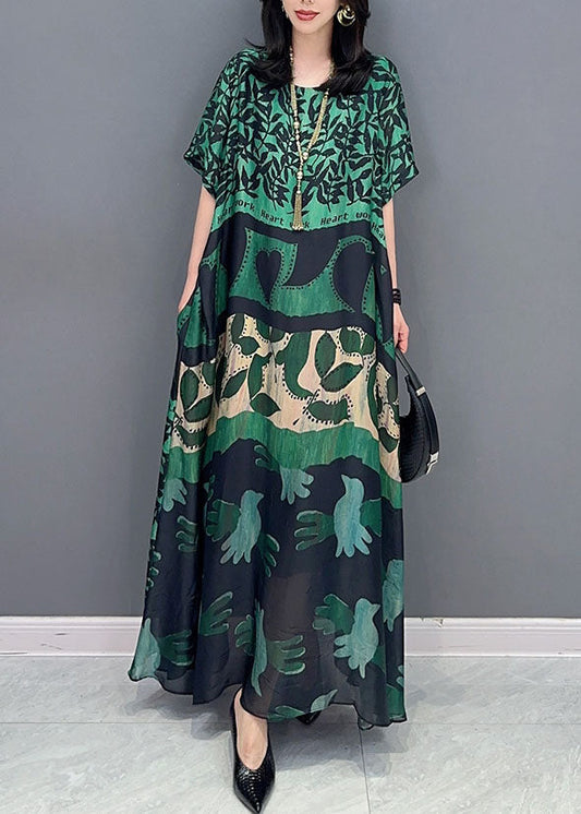 Bohemian Green O Neck Pockets Print Patchwork Silk Long Dresses Summer Ada Fashion