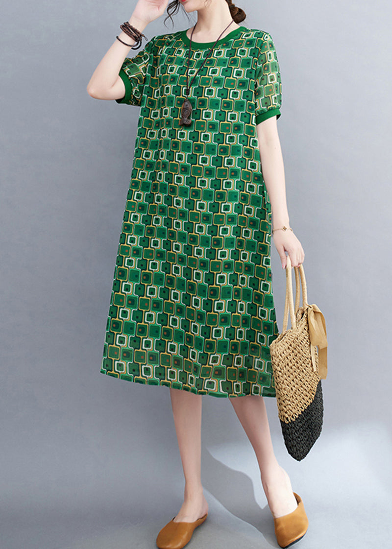 Bohemian Green O-Neck Print Chiffon Beach Dresses Summer LY5280 - fabuloryshop