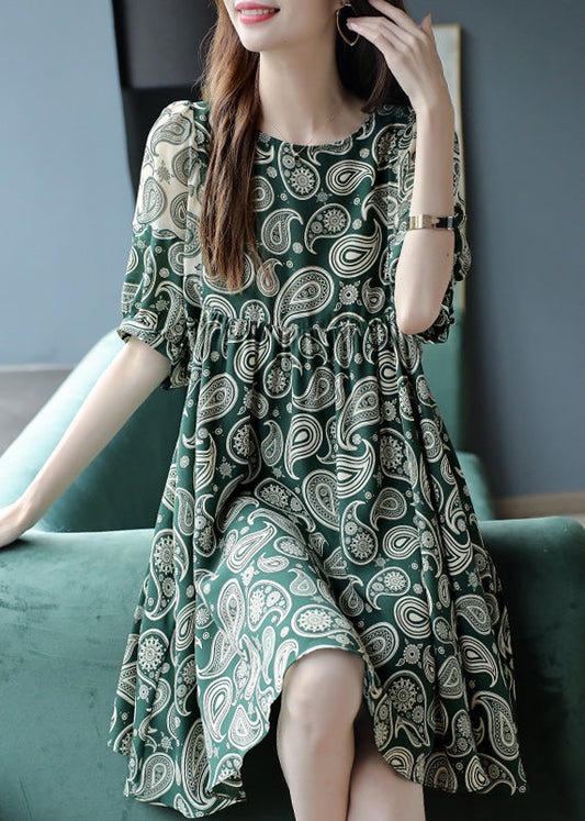 Bohemian Green O-Neck Print Chiffon Mid Dress Summer Ada Fashion