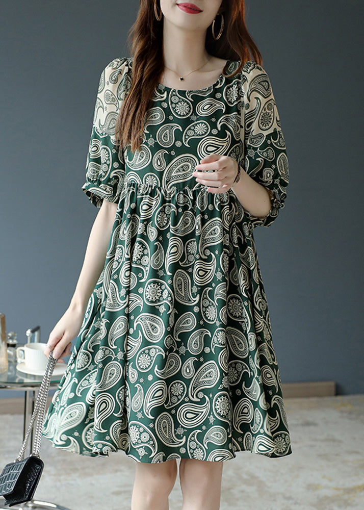 Bohemian Green O-Neck Print Chiffon Mid Dress Summer Ada Fashion