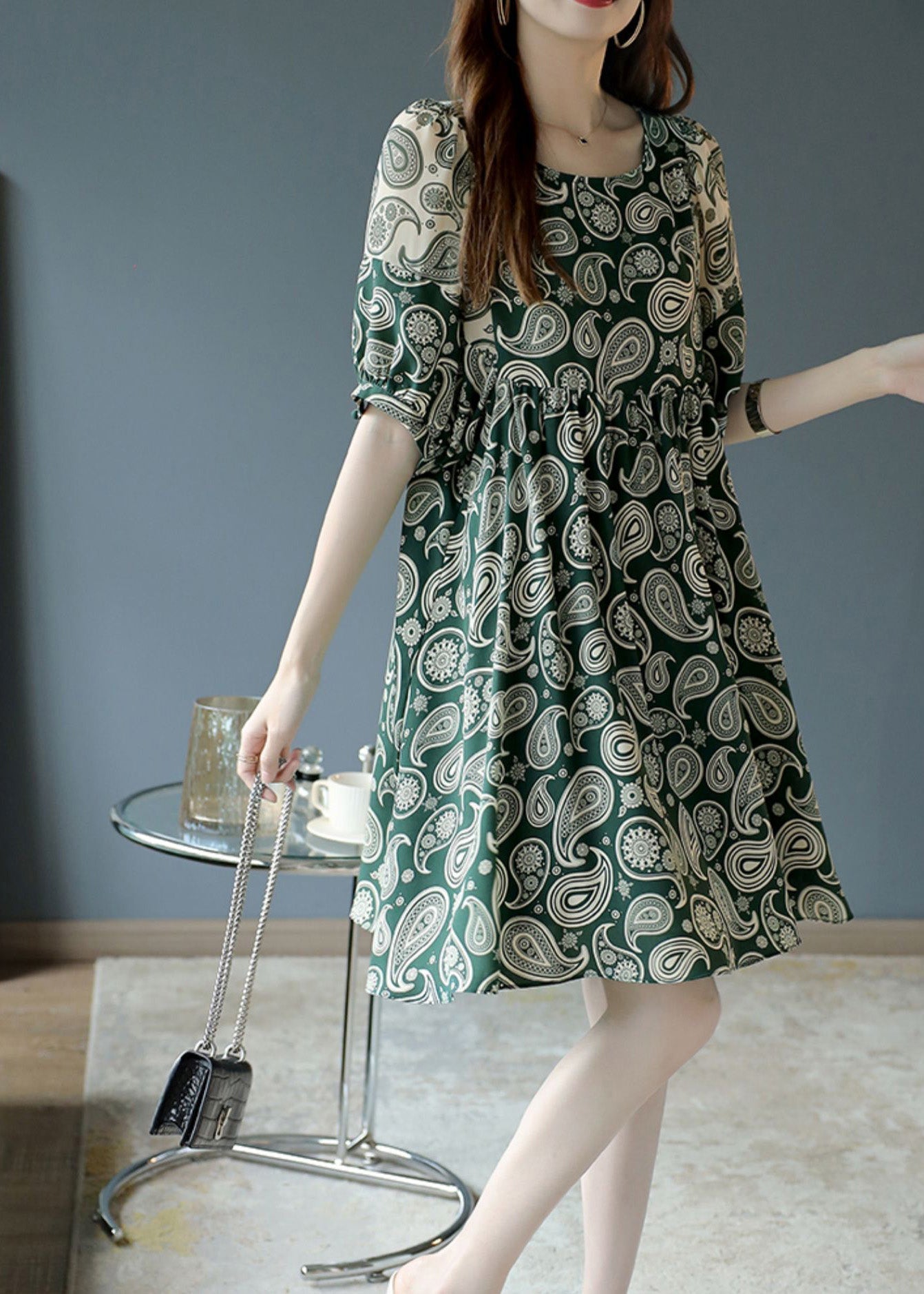 Bohemian Green O-Neck Print Chiffon Mid Dress Summer Ada Fashion