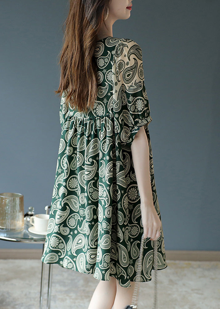 Bohemian Green O-Neck Print Chiffon Mid Dress Summer Ada Fashion