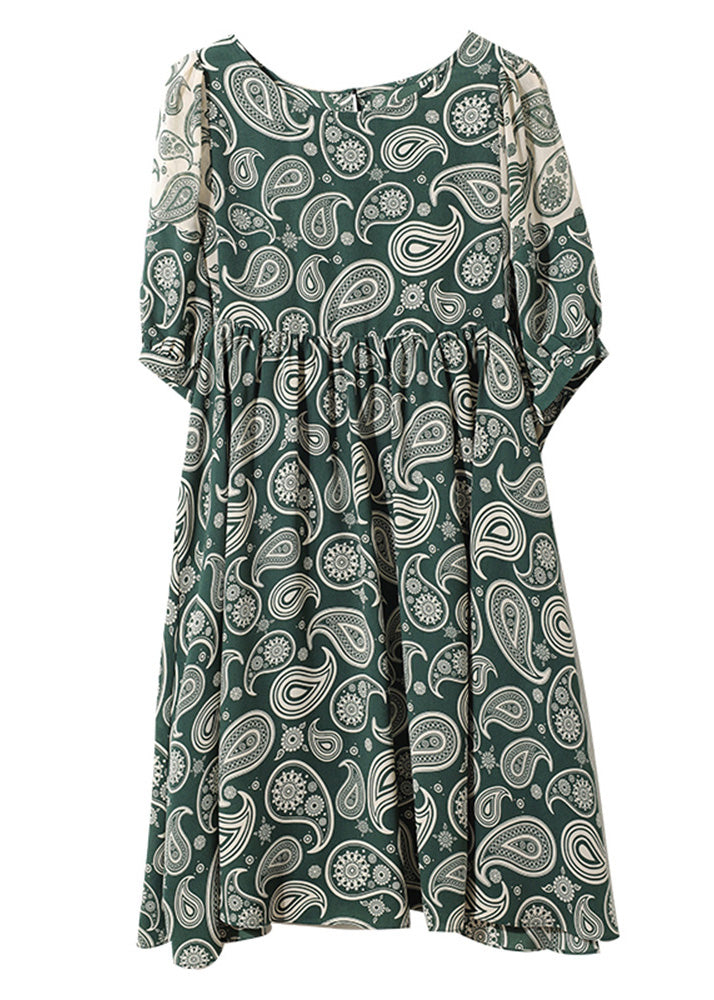 Bohemian Green O-Neck Print Chiffon Mid Dress Summer Ada Fashion