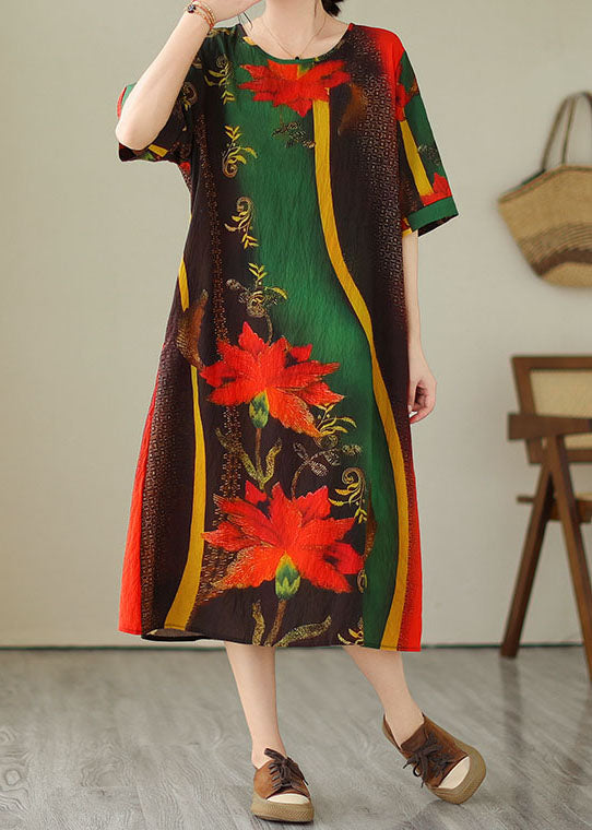 Bohemian Green O Neck Print Patchwork Cotton Dress Summer LY3943 - fabuloryshop