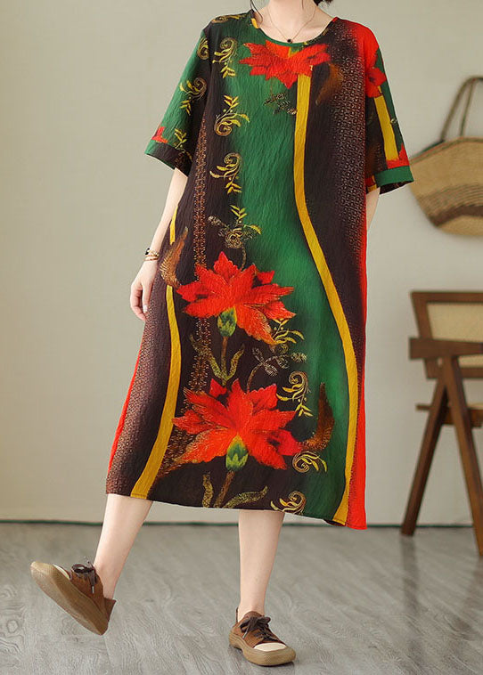 Bohemian Green O Neck Print Patchwork Cotton Dress Summer LY3943 - fabuloryshop