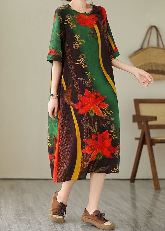 Bohemian Green O Neck Print Patchwork Cotton Dress Summer LY3943 - fabuloryshop