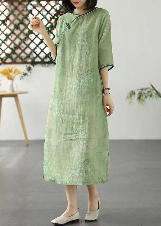 Bohemian Green O Neck Print Patchwork Linen Dresses Summer LY2599 - fabuloryshop