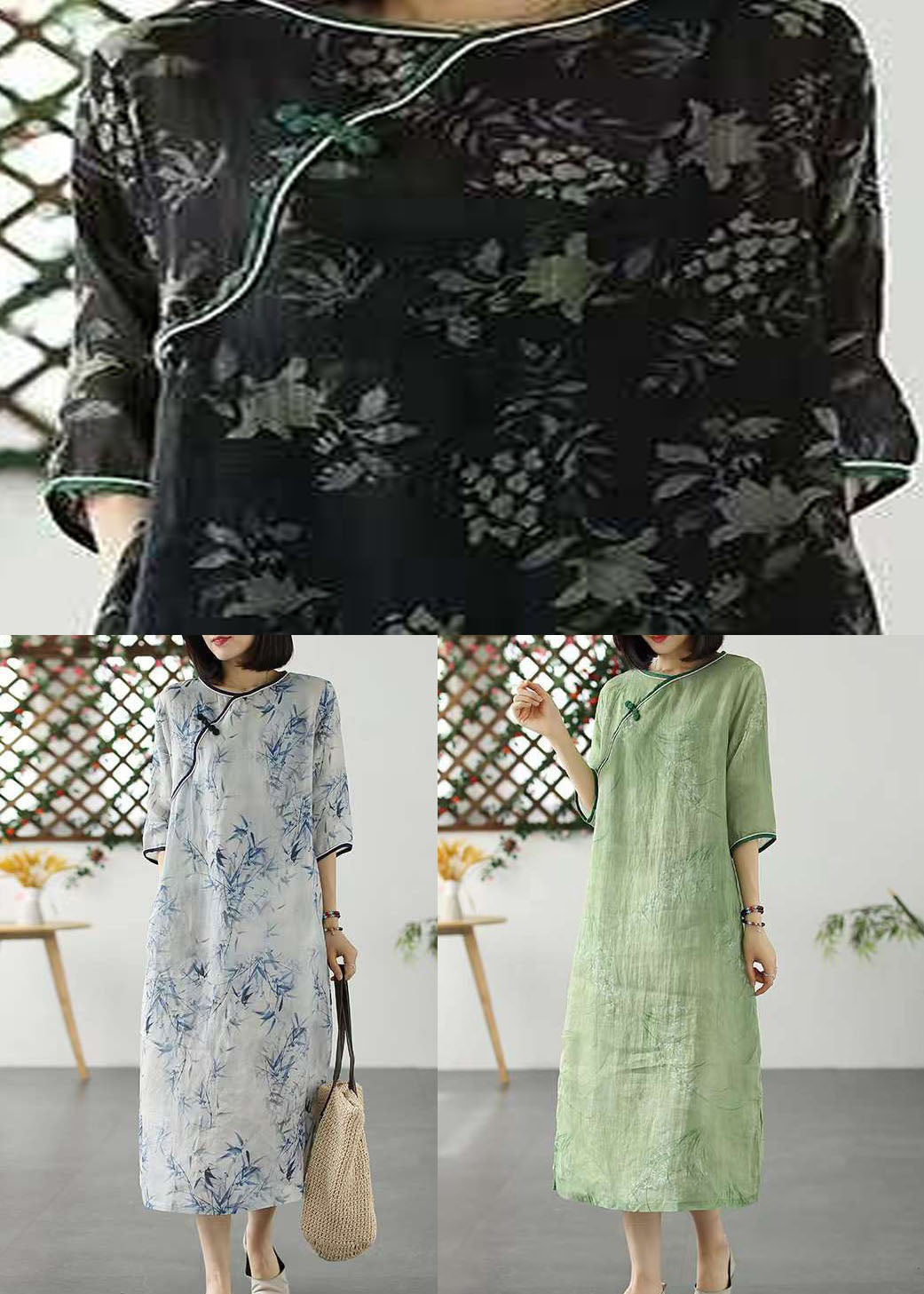 Bohemian Green O Neck Print Patchwork Linen Dresses Summer LY2599 - fabuloryshop