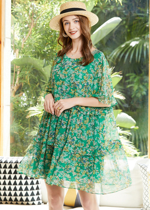 Bohemian Green O-Neck Ruffles Print Chiffon Holiday Dresses Flare Sleeve LY0340 - fabuloryshop