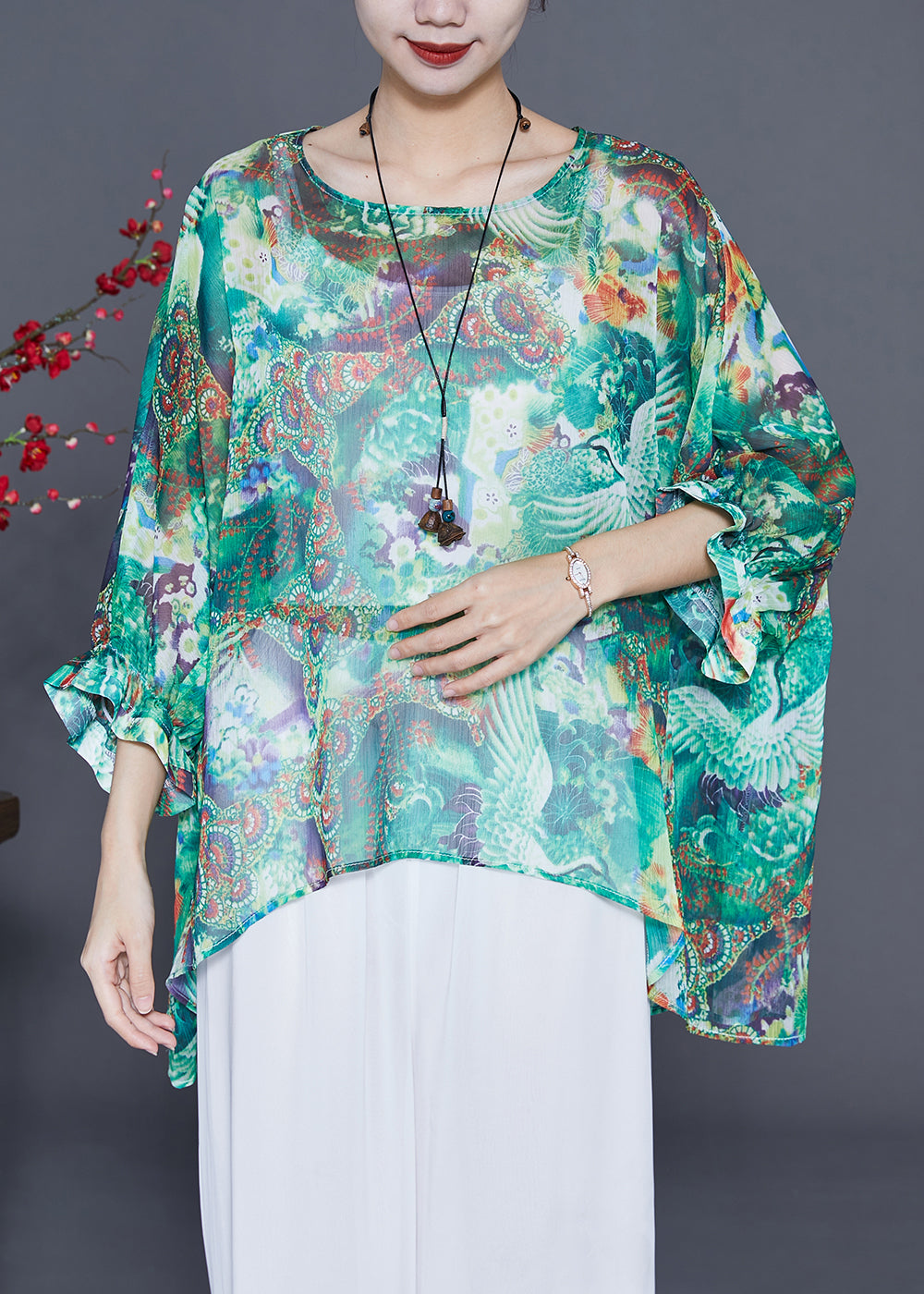 Bohemian Green Oversized Print Silk Tops Batwing Sleeve LY3681 - fabuloryshop