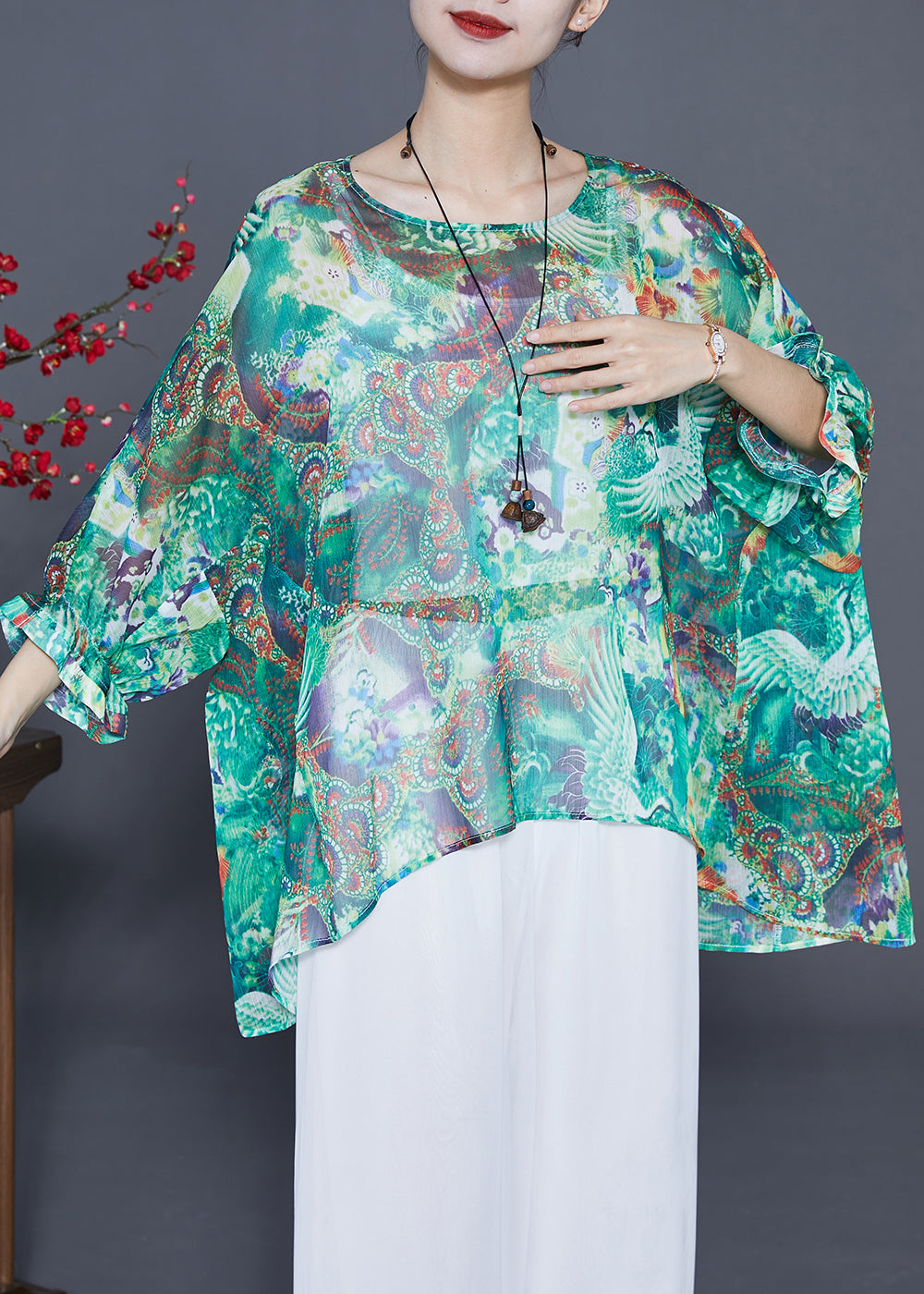 Bohemian Green Oversized Print Silk Tops Batwing Sleeve LY3681 - fabuloryshop