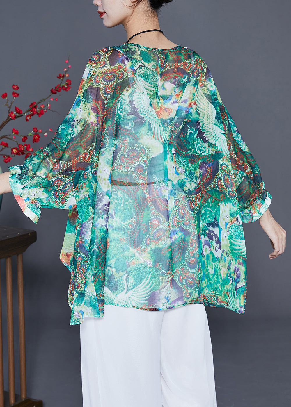 Bohemian Green Oversized Print Silk Tops Batwing Sleeve LY3681 - fabuloryshop