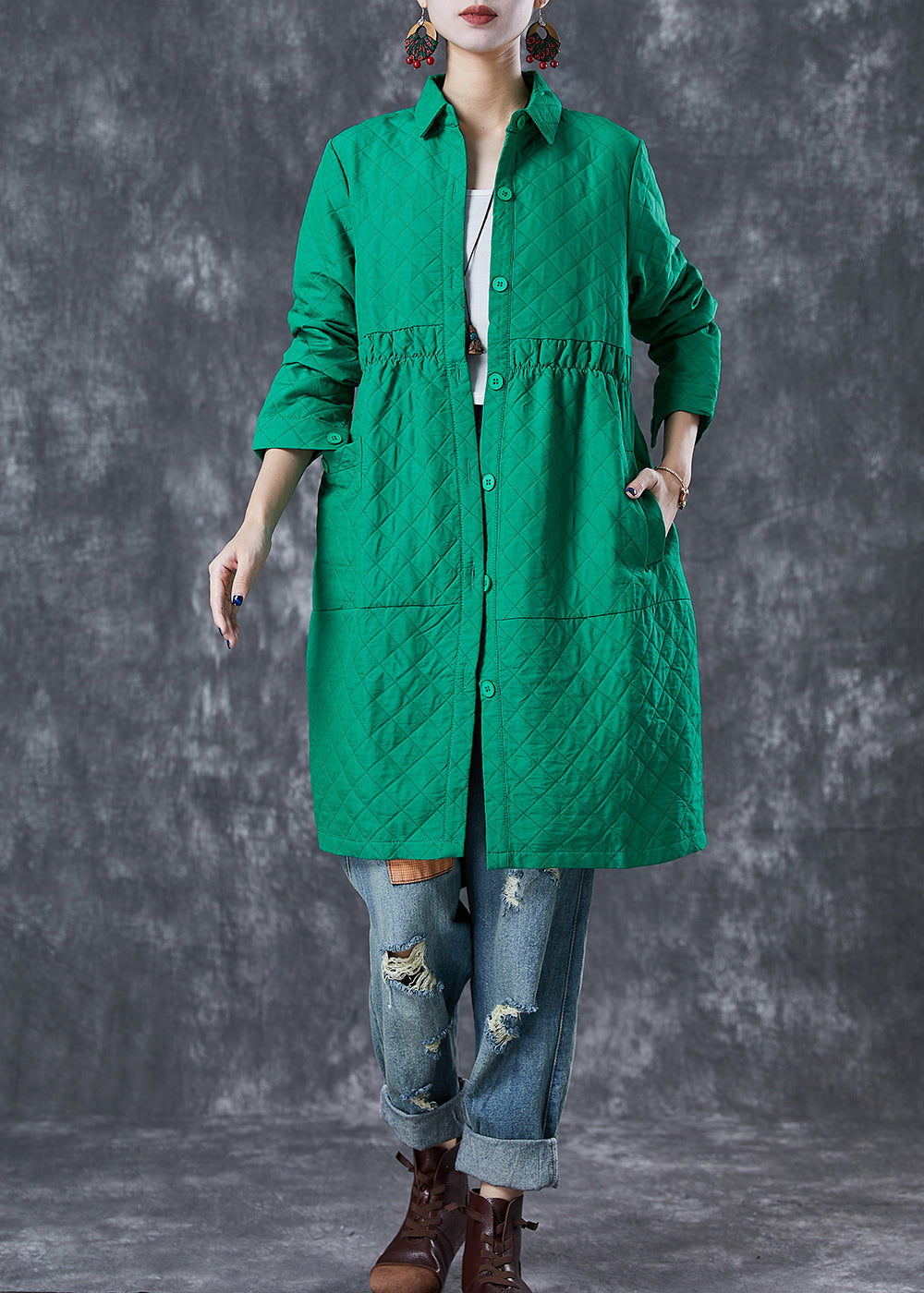 Bohemian Green Peter Pan Collar Plaid Cotton Coat Fall Ada Fashion