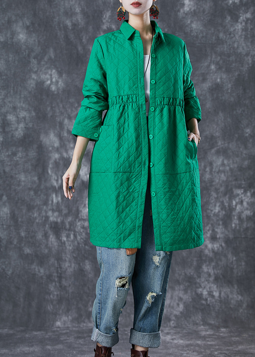 Bohemian Green Peter Pan Collar Plaid Cotton Coat Fall Ada Fashion