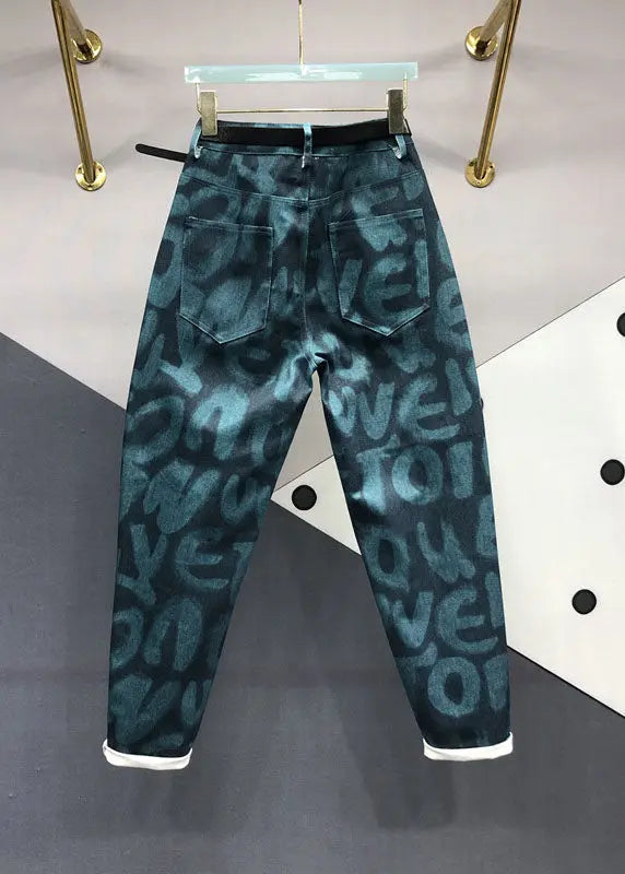 Bohemian Green Pockets Graphic Print Jeans Fall Ada Fashion