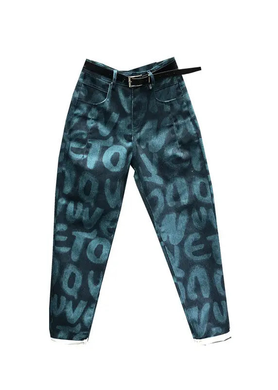 Bohemian Green Pockets Graphic Print Jeans Fall Ada Fashion