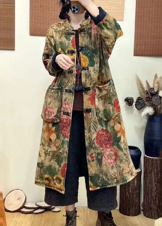 Bohemian Green Pockets Print Chinese Button Fine Cotton Filled Coat Winter Ada Fashion