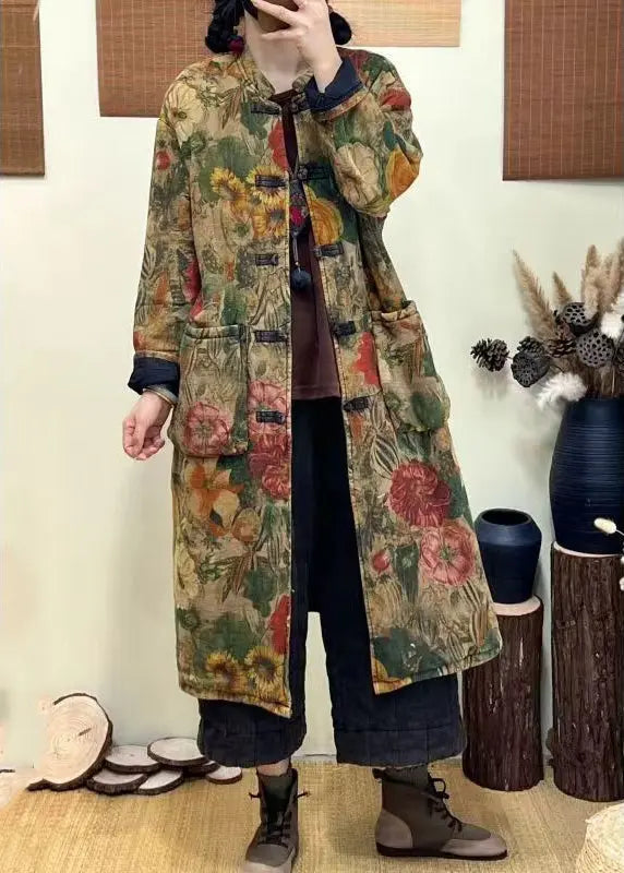 Bohemian Green Pockets Print Chinese Button Fine Cotton Filled Coat Winter Ada Fashion