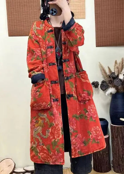 Bohemian Green Pockets Print Chinese Button Fine Cotton Filled Coat Winter Ada Fashion