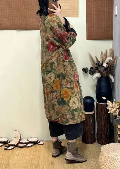 Bohemian Green Pockets Print Chinese Button Fine Cotton Filled Coat Winter Ada Fashion