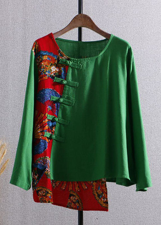 Bohemian Green Print Asymmetrical Button Patchwork Cotton Top Long Sleeve Ada Fashion