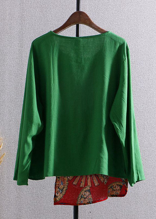 Bohemian Green Print Asymmetrical Button Patchwork Cotton Top Long Sleeve Ada Fashion