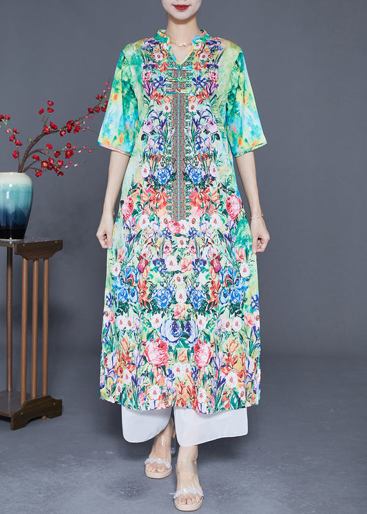 Bohemian Green Print Chinese Button Chiffon Party Dress Summer LY3631