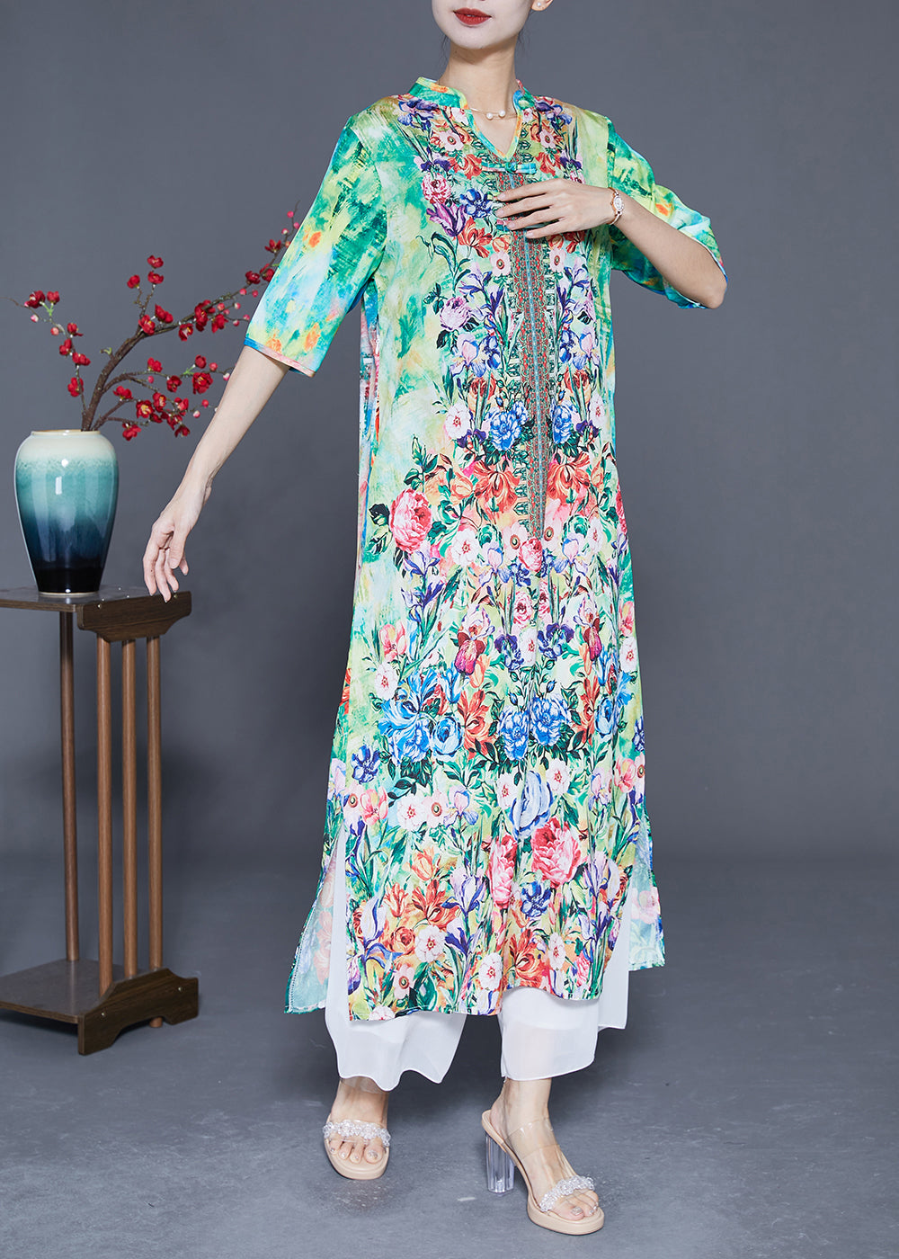 Bohemian Green Print Chinese Button Chiffon Party Dress Summer LY3631 - fabuloryshop