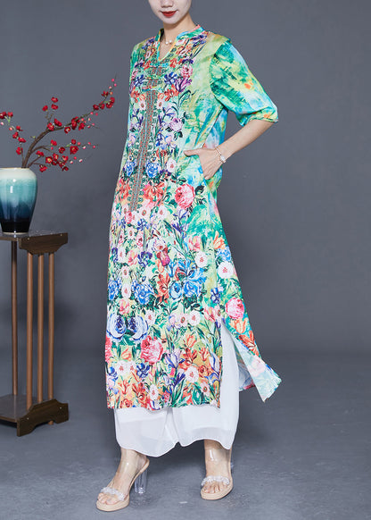 Bohemian Green Print Chinese Button Chiffon Party Dress Summer LY3631 - fabuloryshop