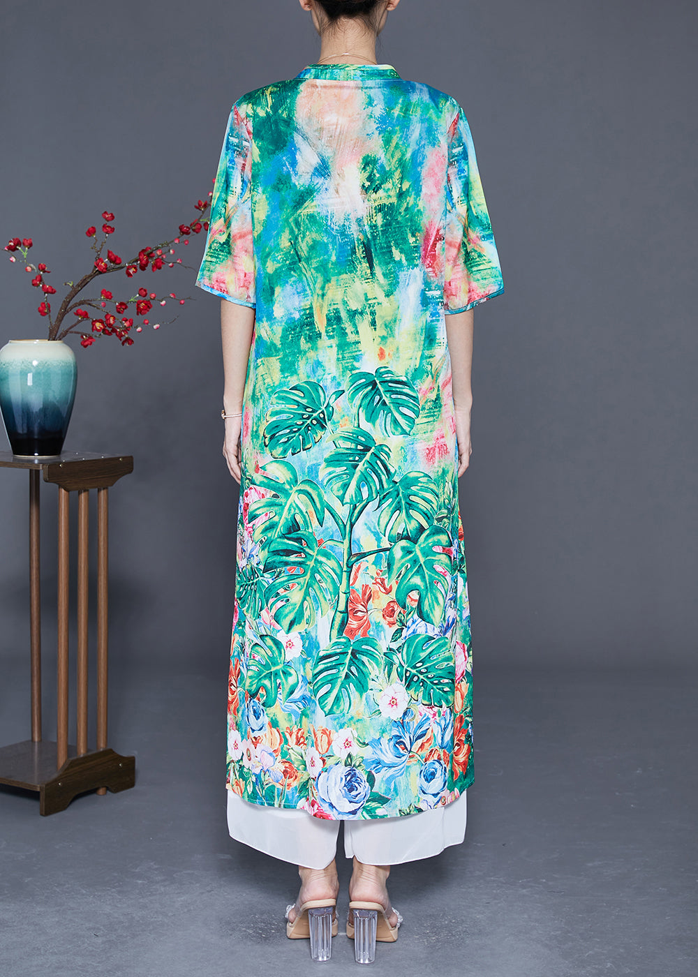 Bohemian Green Print Chinese Button Chiffon Party Dress Summer LY3631 - fabuloryshop