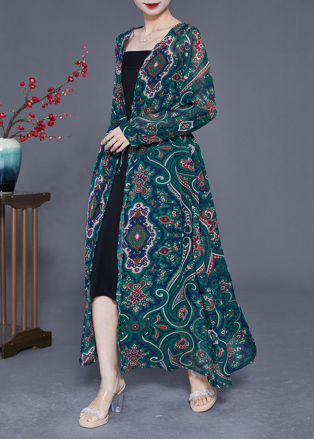 Bohemian Green Print Tie Waist Chiffon Long Cardigan Summer LY2326 - fabuloryshop